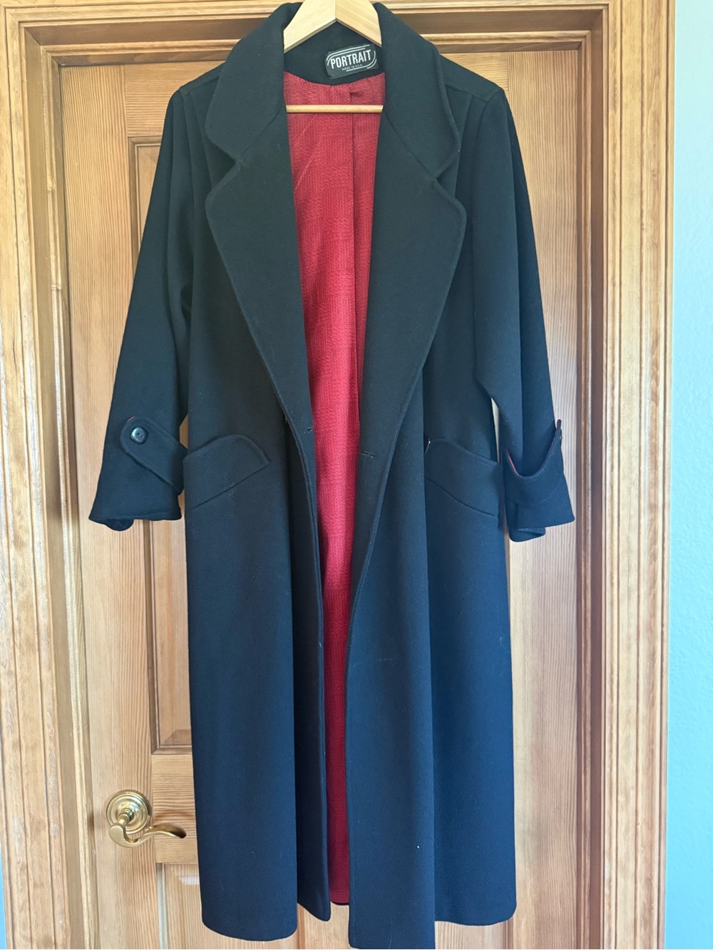 Women's Wool Trench Black Coat with Red Silk Lining